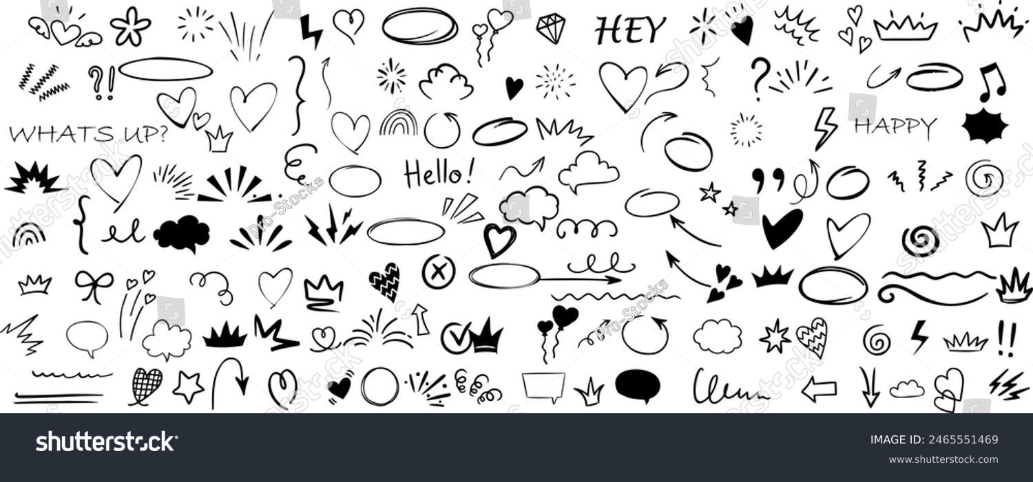 Hand drawn doodles, hearts, stars, love symbols, Valentine’s Day elements, romantic designs, cheerful, happiness, flowers, arrows, swirls, crowns, greetings, waves, lines, circles, cloud