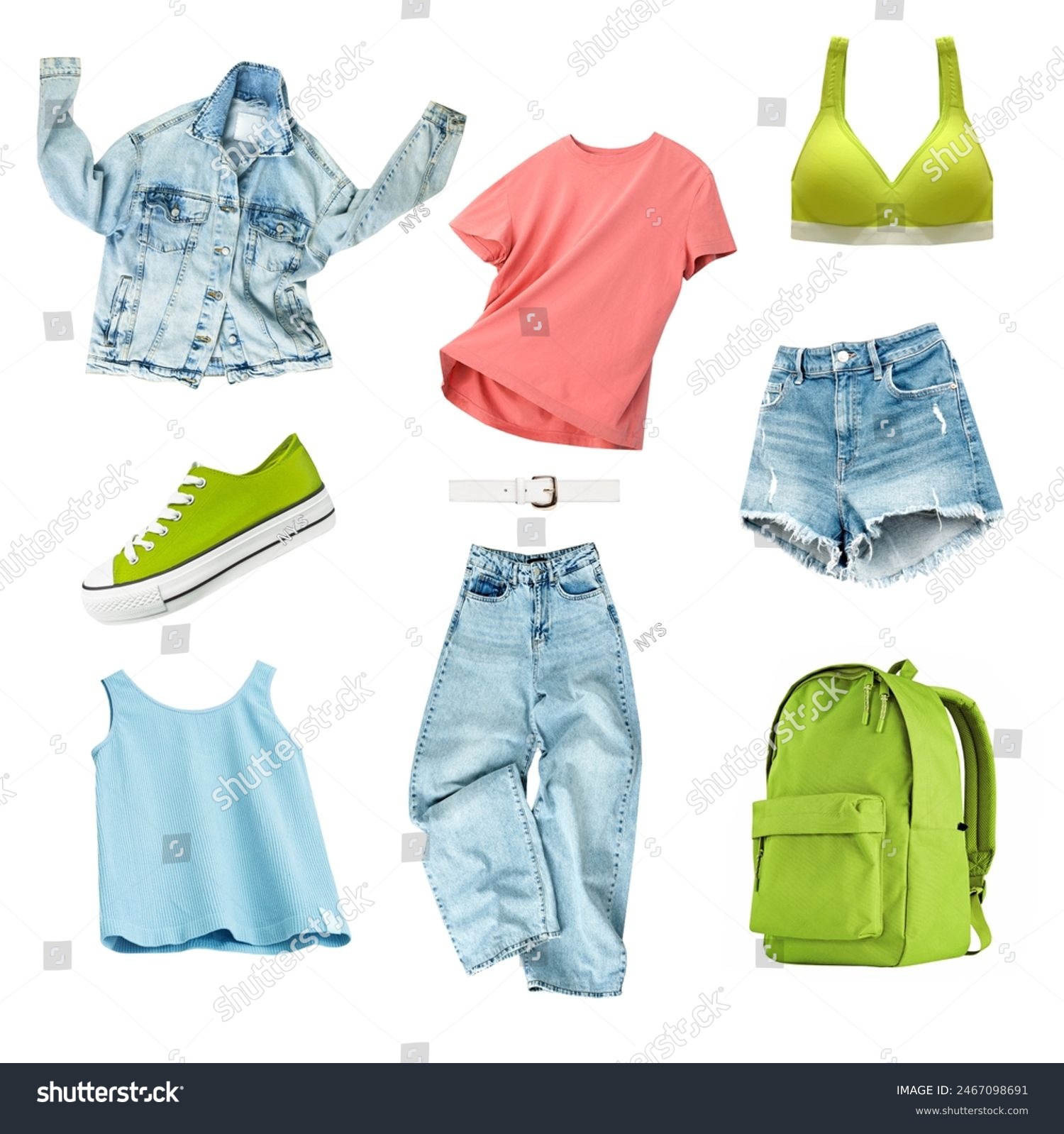 Fashion female clothes set, outfit,summer clothing collection isolated on white. Collage of trendy garment.Sport's wear.