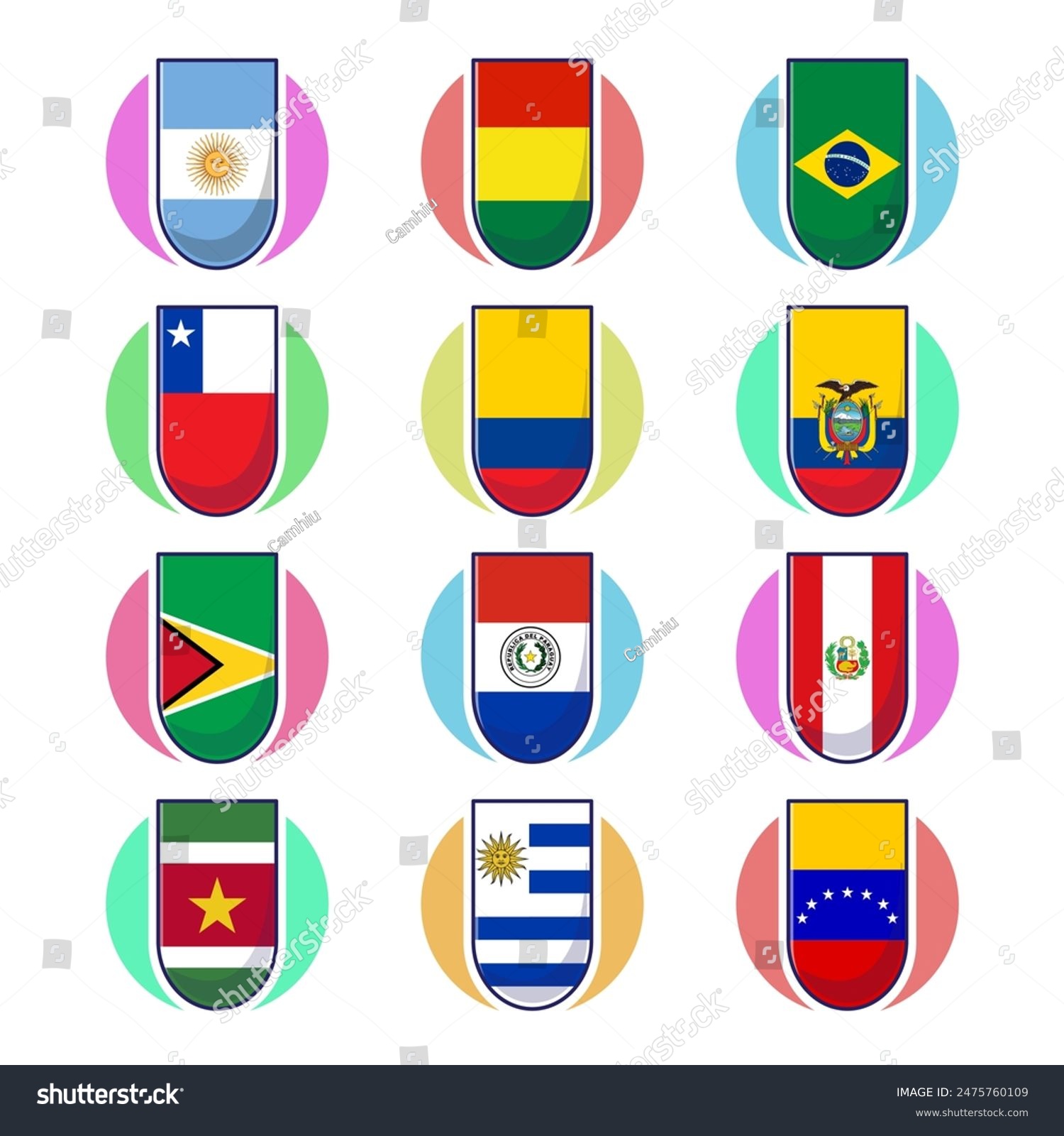 South american continents flags. Cute vector element design, travel symbols, landmark symbols, geography and map flags emblem.