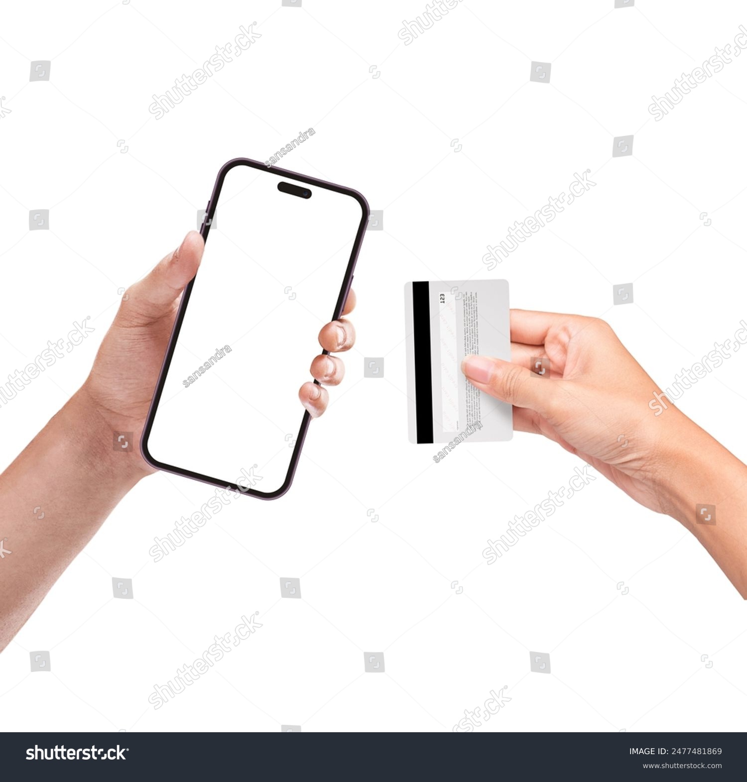 Hands holding phone with mobile wallet and holding credit card for online shopping payment, isolated on white background