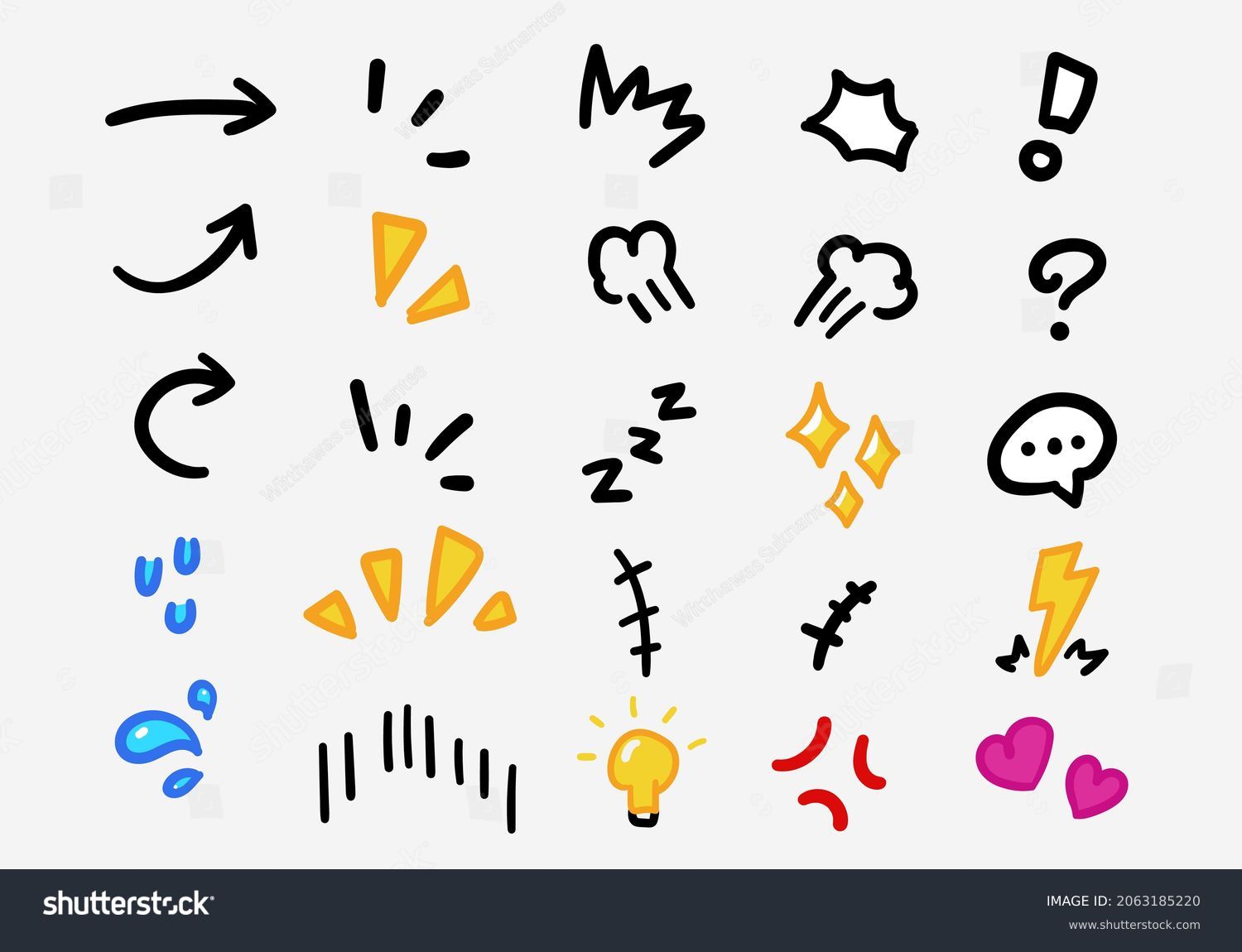 Vector set of hand-drawn cartoony expression sign doodle, curve directional arrows, emoticon effects design elements, cartoon character emotion symbols, cute decorative brush stroke lines. 库存矢量图