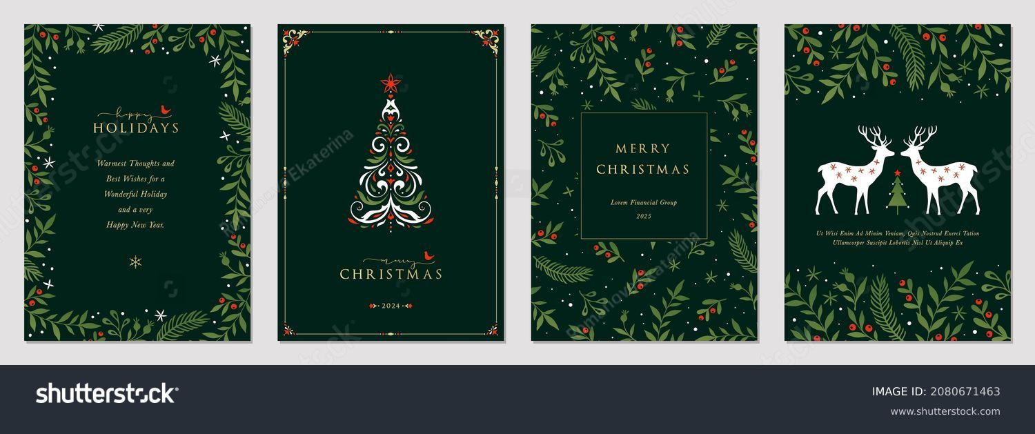 Traditional Corporate Holiday cards with Christmas tree, reindeers, birds, ornate floral frames, background and copy space. Universal artistic templates. Immagine vettoriale stock