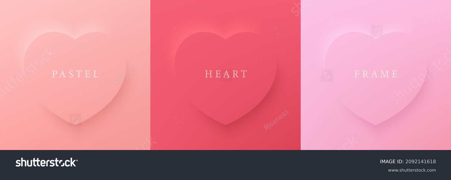 Set of pastel pink and red soft 3D heart shape frame design. Collection of geometric backdrop for cosmetic product display. Elements for valentine day festival design. Top view. Vector illustration Stock Vector