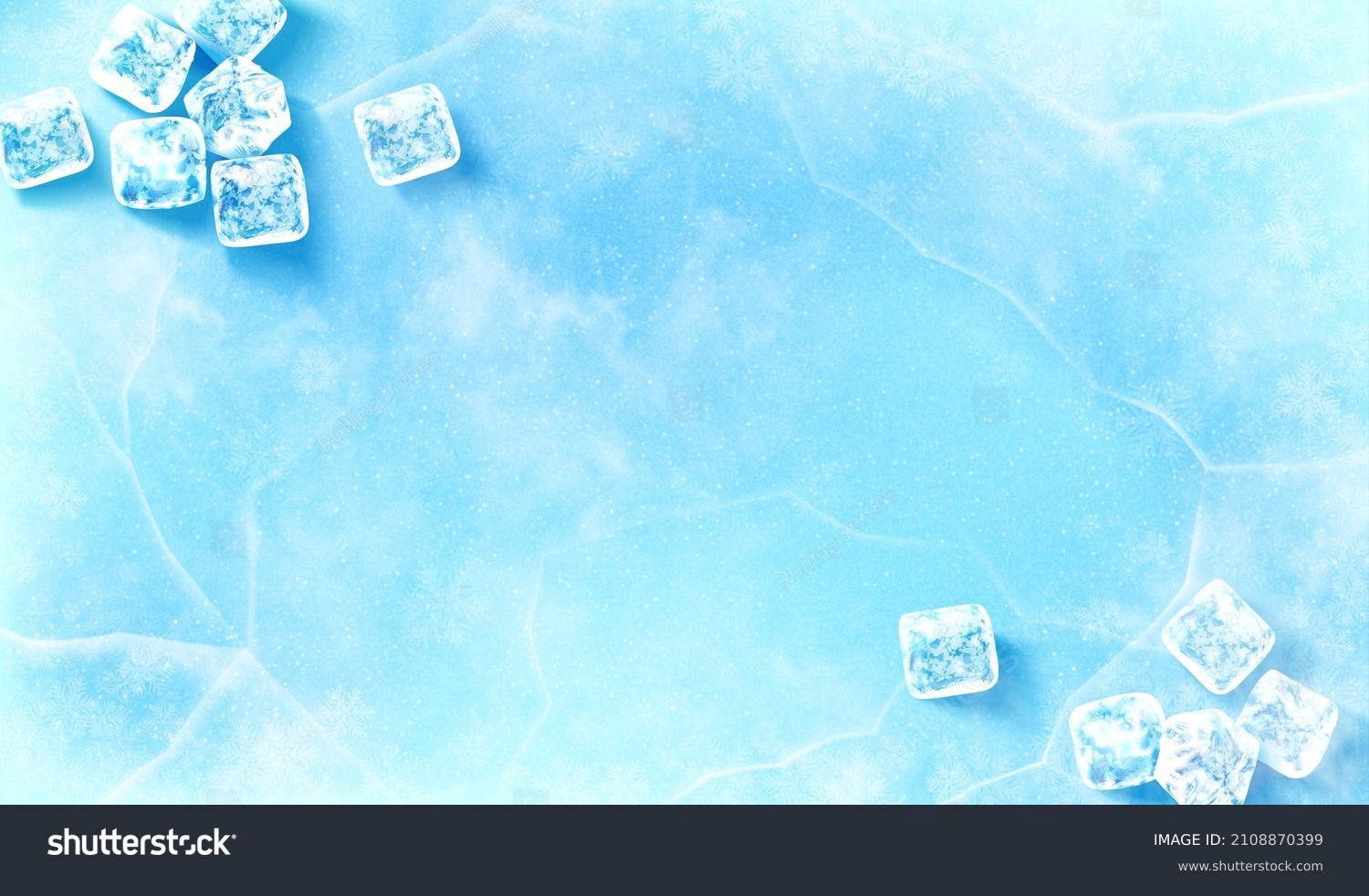 Icy surface background. 3D Illustration of groups of ice cubes scattered on upper left and bottom right of light blue surface covered in ice Stockvektor