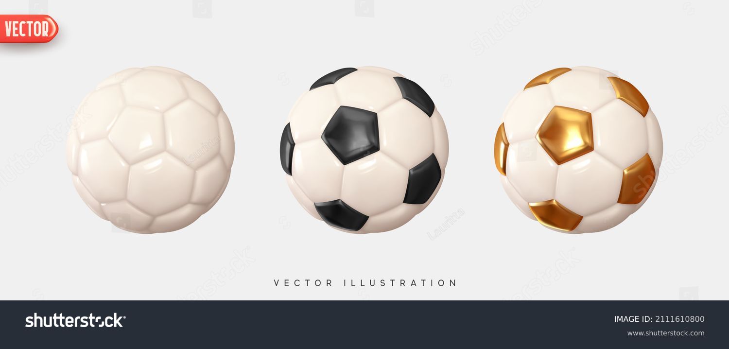 Soccer ball. Football balls Set realistic 3d design style. Leather texture golden and white black color. Mockup of sports elements isolated on white background. vector illustration Stock Vector