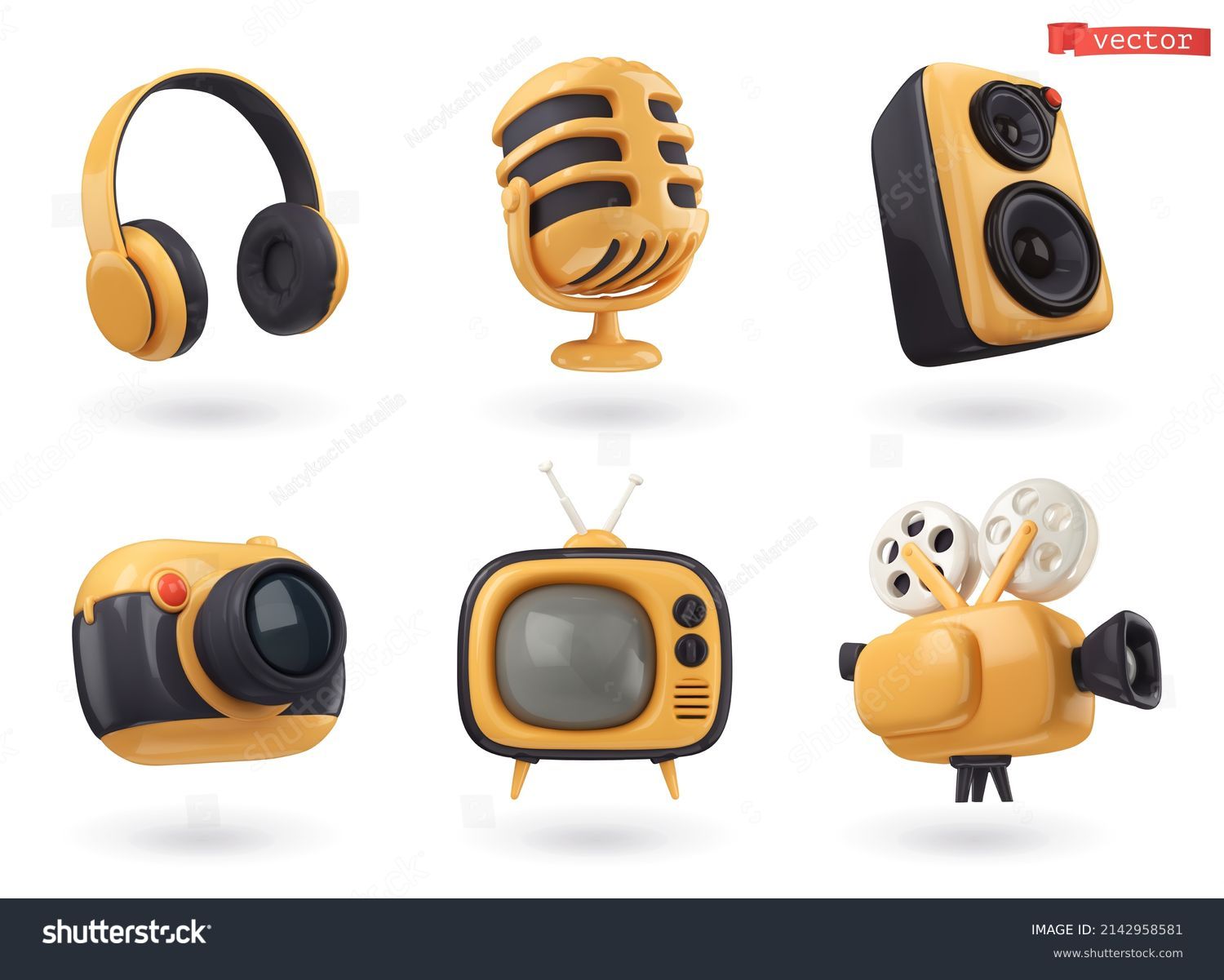 3d icon set audio and video. Headphones, microphone, speaker, camera, retro TV, film projector. Realistic render vector objects Stock Vector