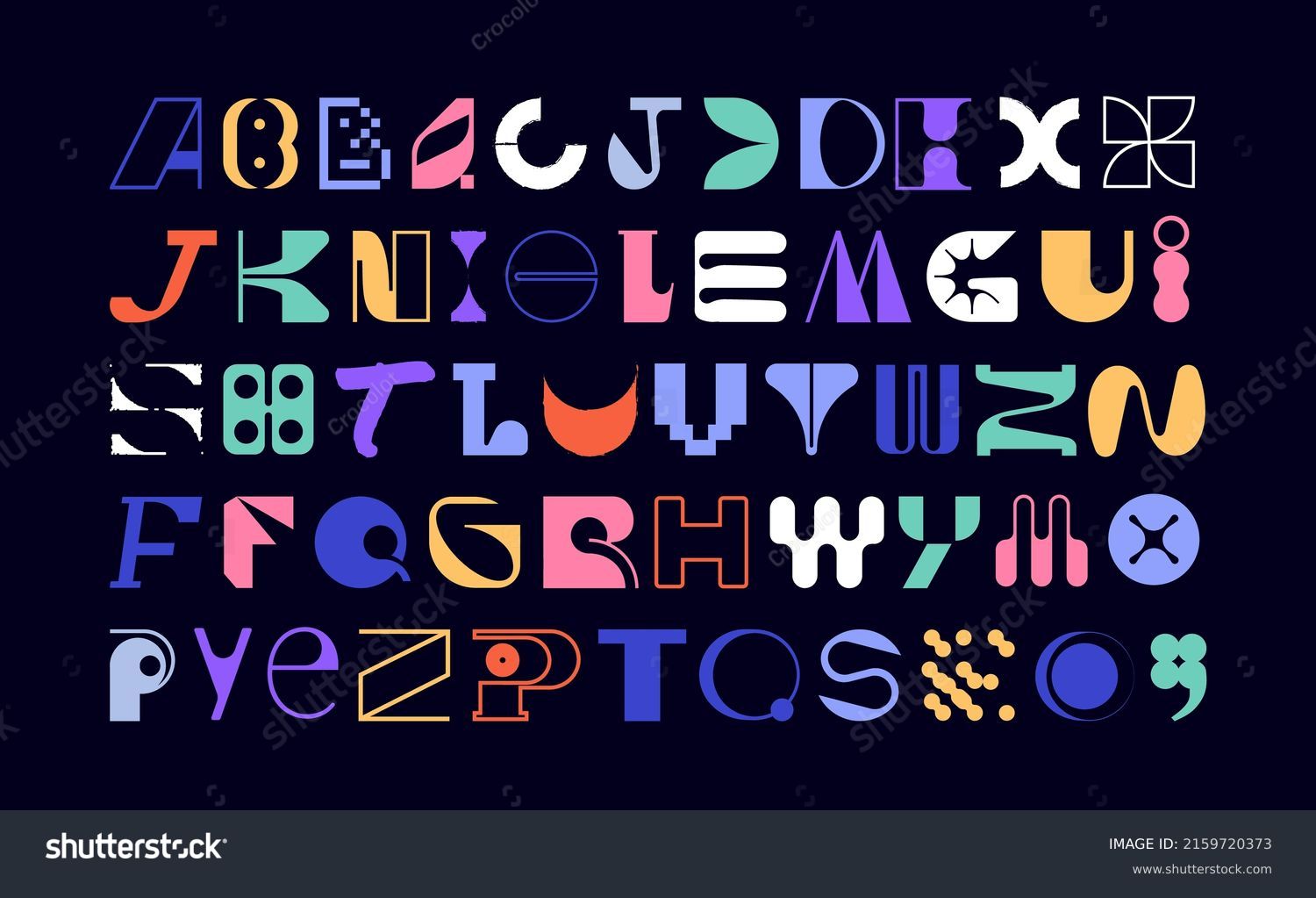 Large set of random letter shapes. English alphabet from geometric capital letters of eclectic shapes. Brutalism modern font type. Condensed and Bold font from geometric objects.  库存矢量图