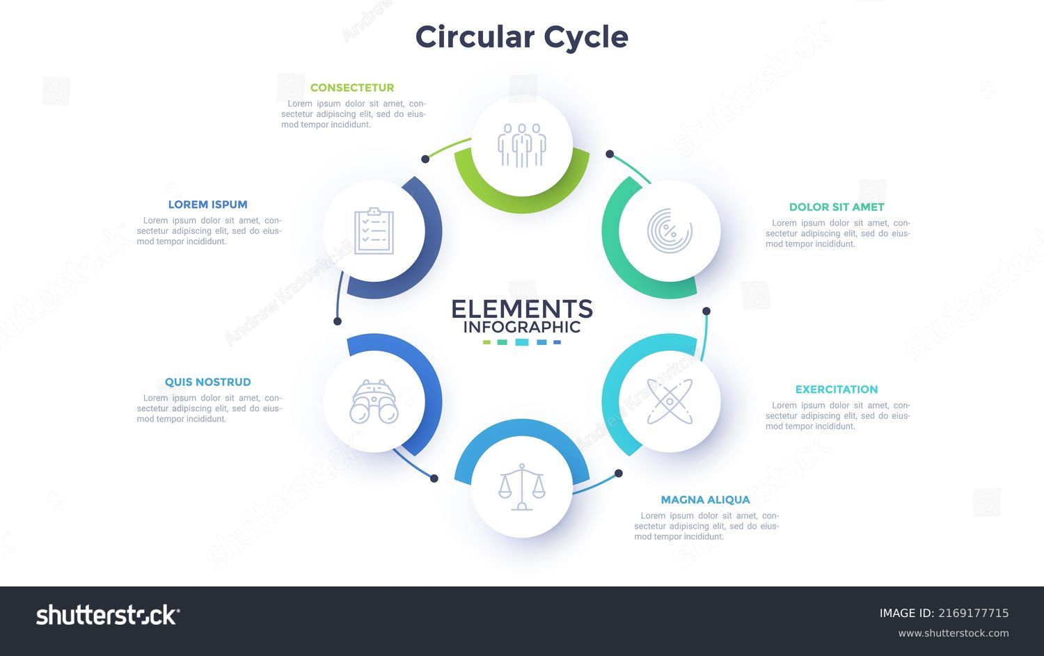 Circular scheme with six round paper white elements. Concept of cyclic business process with 6 stages. Minimal infographic design template. Modern flat vector illustration for data visualization. Immagine vettoriale stock