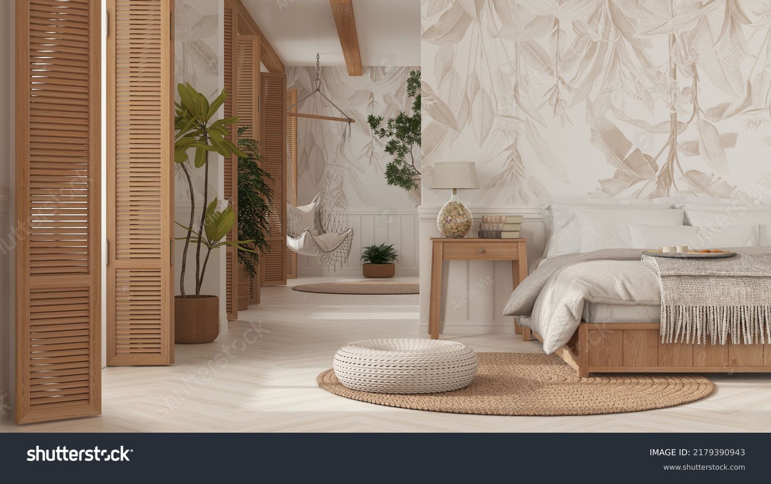 Country wooden bedroom close up in boho style in white and beige tones. Bed, hanging chair and potted plants. Window with shutters and wallpaper. Bohemian vintage interior design, 3d illustration Illustrazione stock