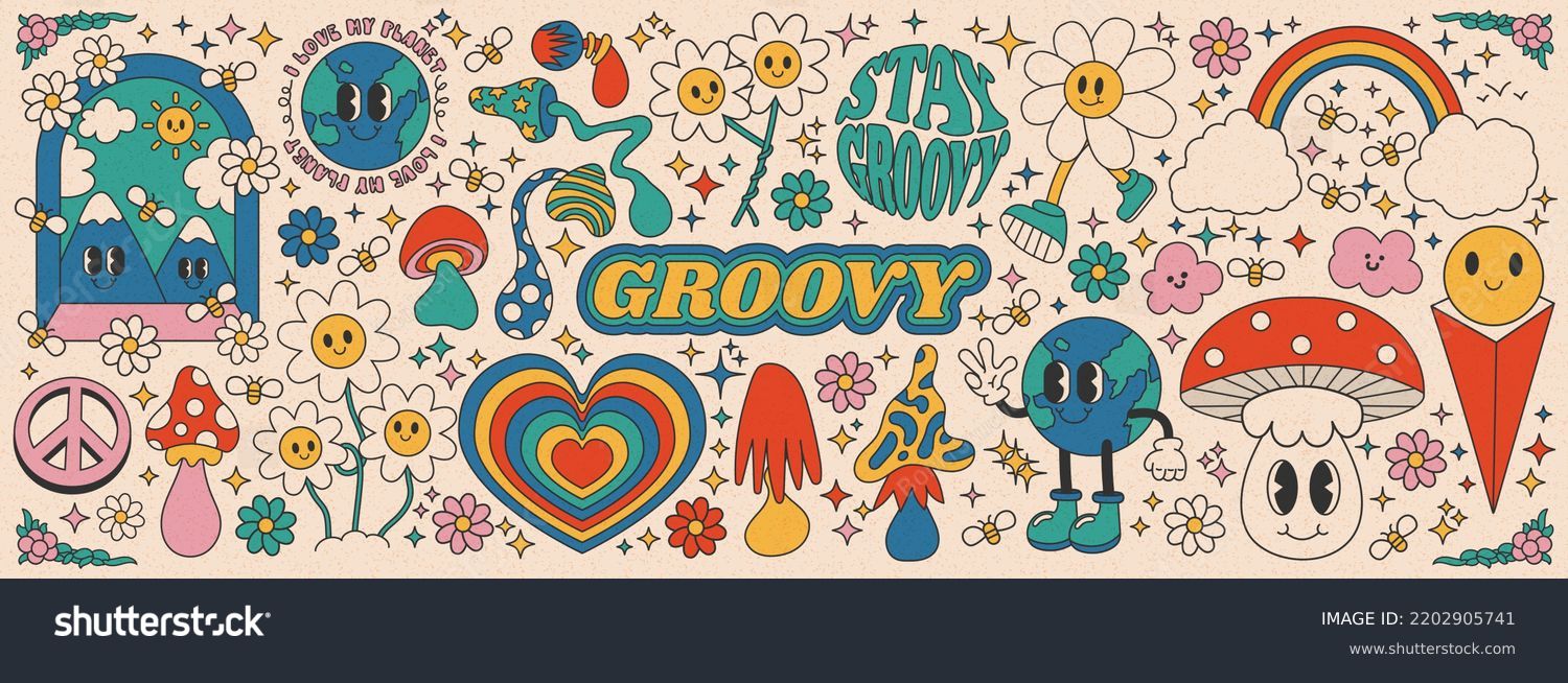 Collection of vintage groovy elements and characters. Retro character, hippie 70s style, psychedelic mushrooms, flowers, rainbow, heart and planet earth. Vintage vector set Stock Vector
