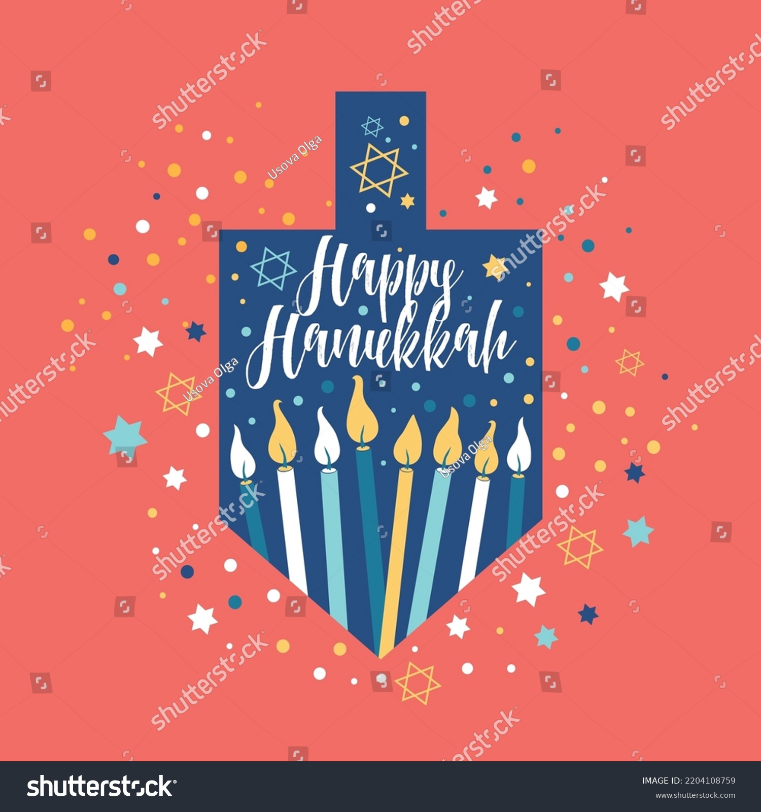 Joyeux Hanoucca, carte de voeux du Festival juif des lumières avec les symboles de Chanoukah dreidels, dessus en rotation, lettrage, bougies de menorah, étoile David. Image vectorielle. Joyeux hanukkah en hébreu.