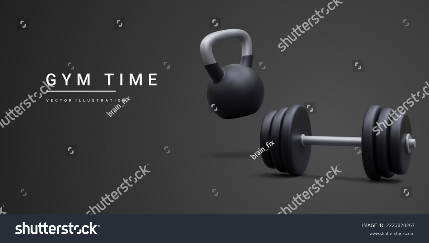 3d realistic banner with dumbbells and kettlebell isolated on black background. Vector illustration