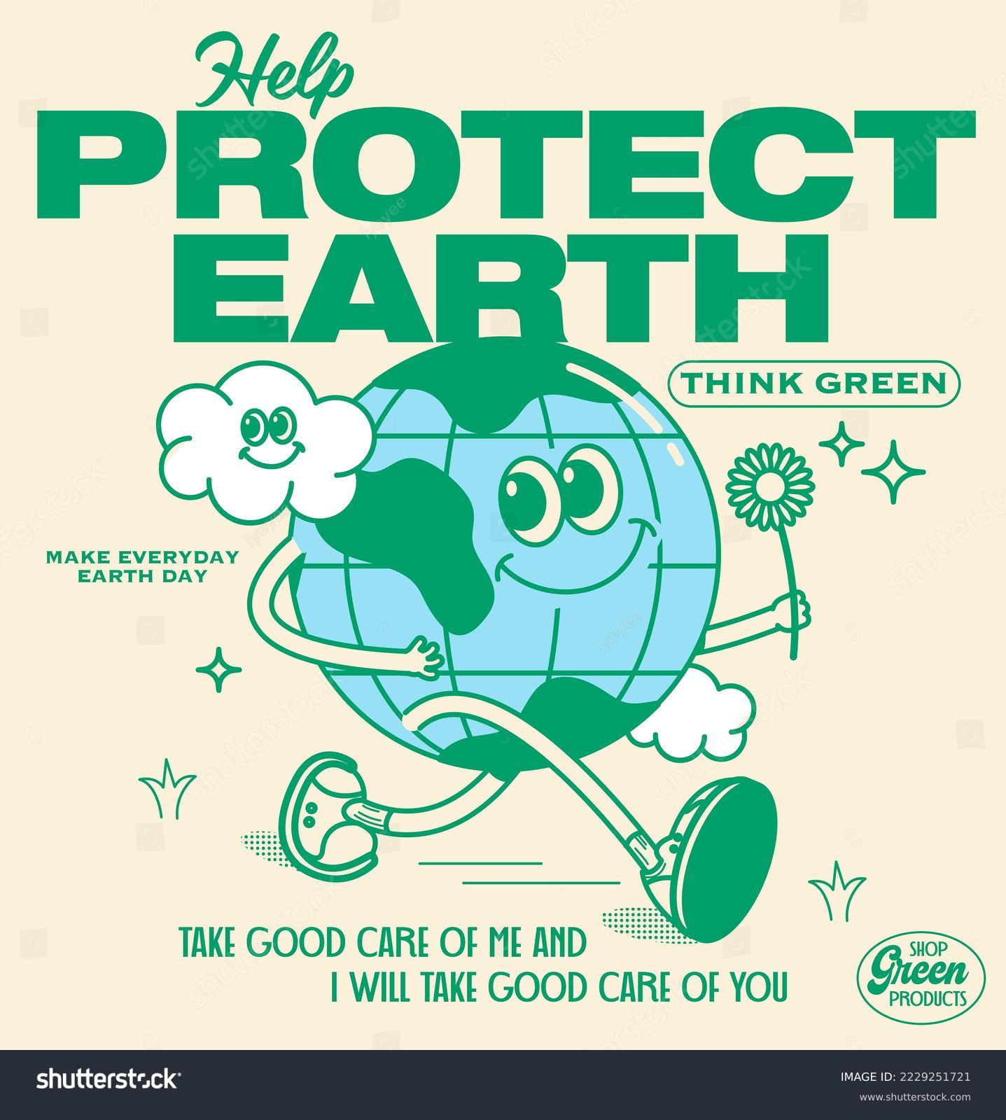 retro save earth awareness poster design template vector, illustration Stock Vector