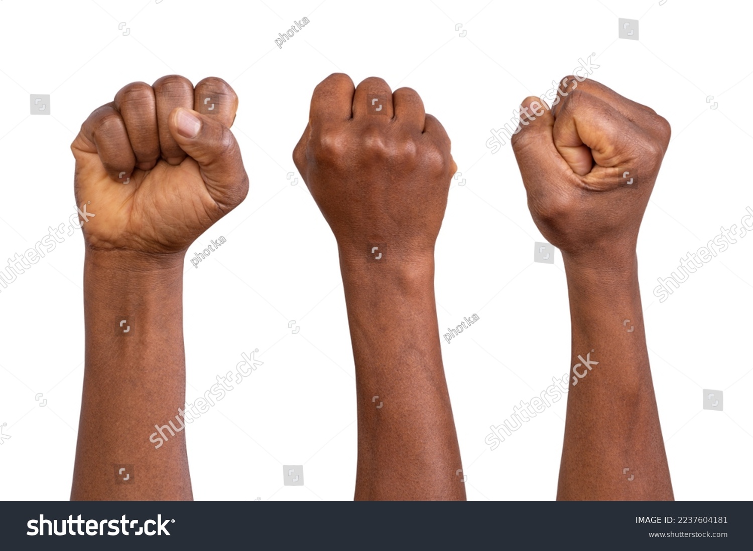 Holding fists up in the air isolated on white or background