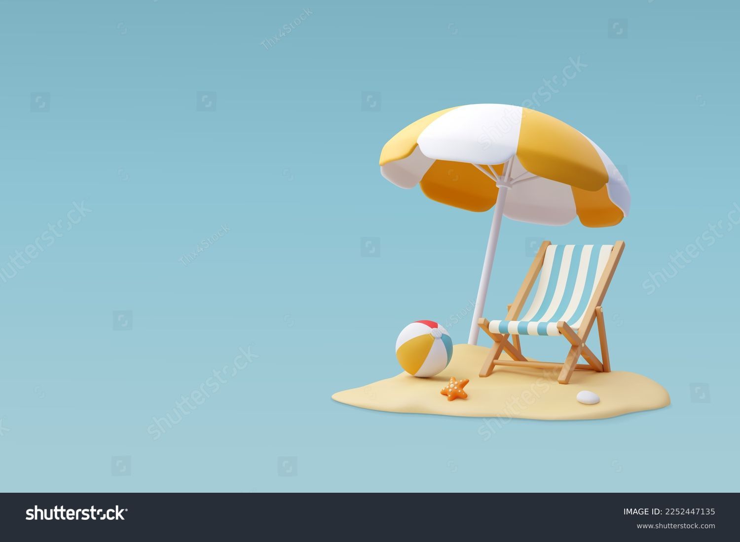 3d Vector Beach Chair, Yellow Umbrella and Ball, Summer holiday, Time to travel concept. Eps 10 Vector.: stockvector