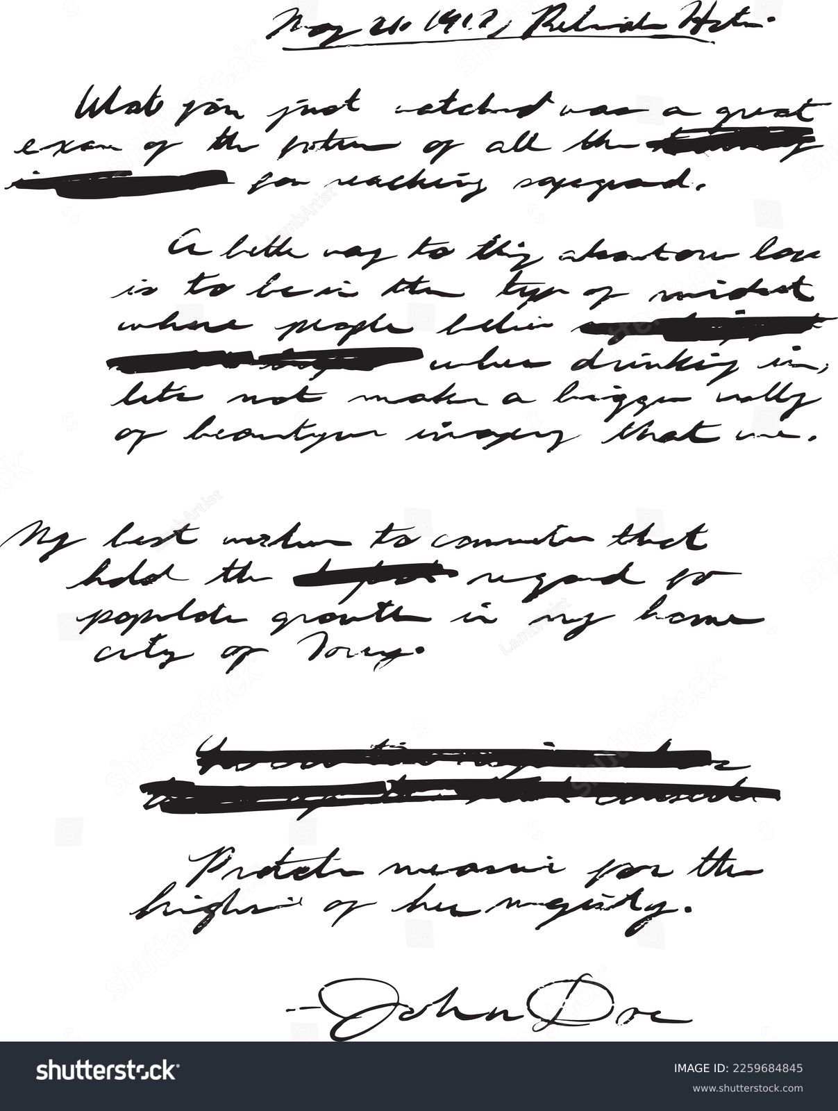 アンティークの手書き、手書きのメモ、またはジャーナルエントリーが筆記体、読めない、読めない、汚い手書きの領域を取り除いた状態、または一部が殴り書きされ検閲された状態。John Doeと署名。シームレス。のベクター画像素材