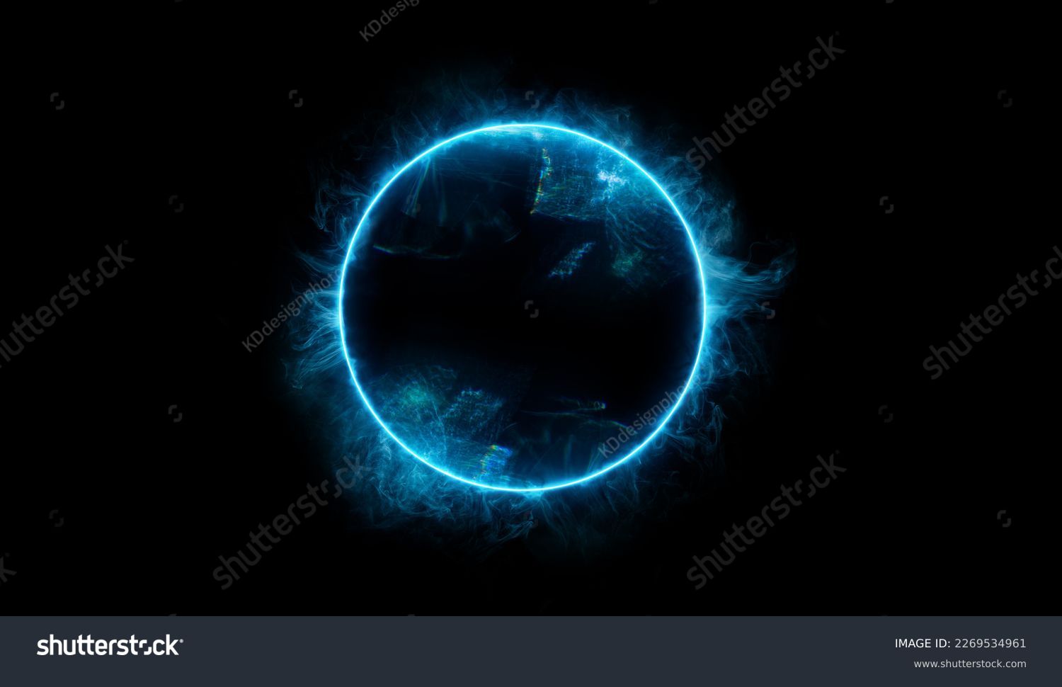 暗い背景にネオンブルーの色の幾何学的な円。円形の神秘的なポータル。ロゴのモックアップ。未来的な煙。ロゴのモックアップ。の写真素材