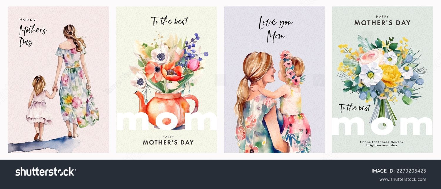 Set of Mothers Day card with cute  trendy watercolor illustrations of mom and daughter, bouquet of spring flowers, modern typography and holiday wishes. Mothers day templates for poster, cover, banner Stock Vector