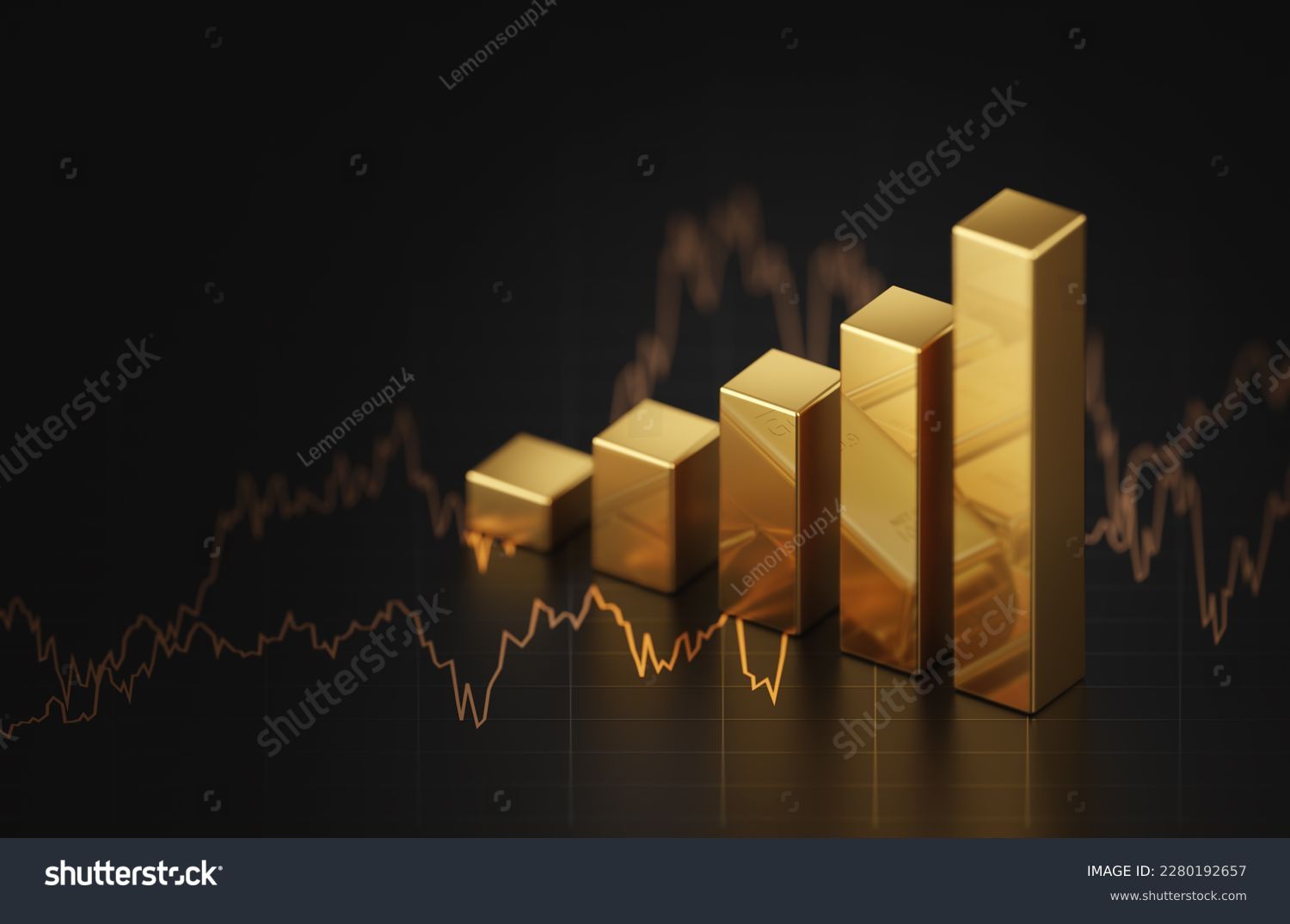 Growth gold bar financial investment stock diagram on 3d profit graph background of global economy trade price business market concept or capital marketing golden banking chart exchange invest value. Illustrazione stock