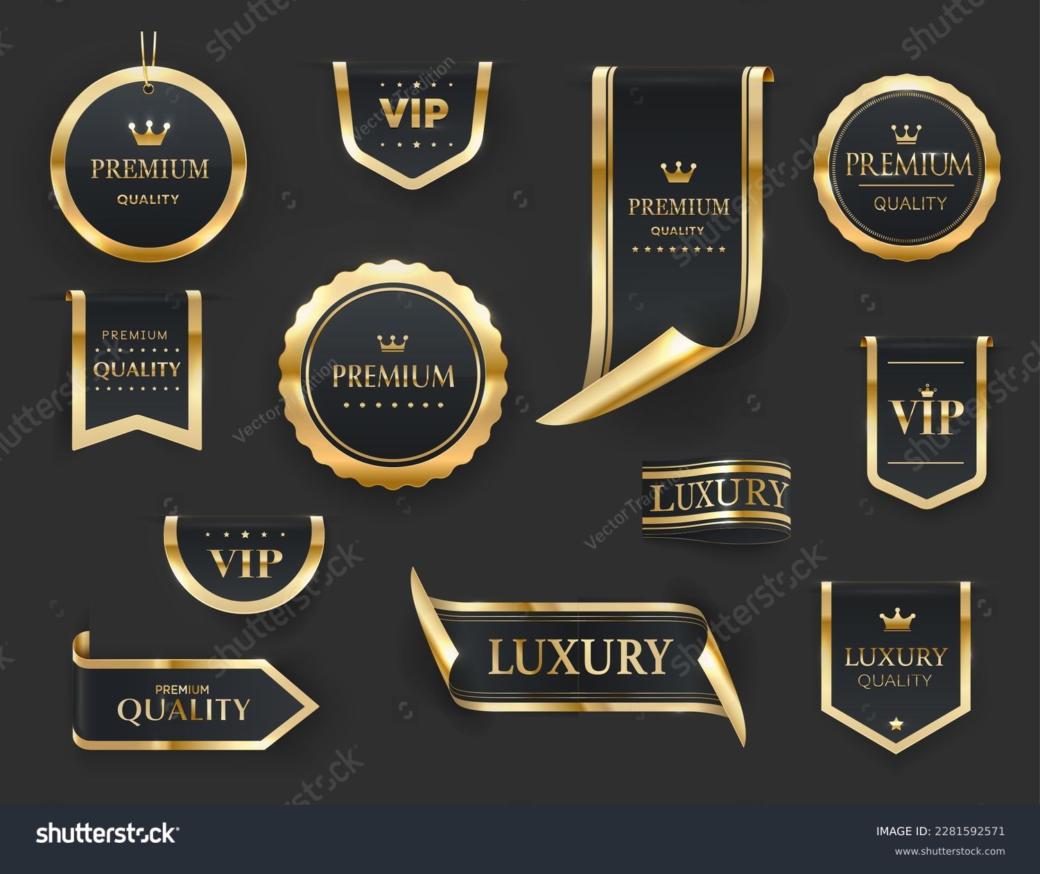 Golden luxury labels and banners, gold premium quality certificate ribbons, vector badges. Luxury VIP and premium quality sticker tags and banners for best product seals and banners with golden crown Immagine vettoriale stock