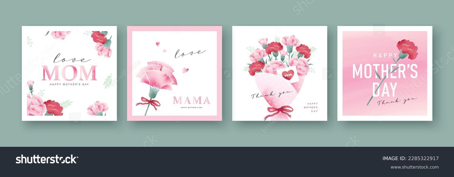 Set of Mother's day greeting cards with watercolor carnation flowers. Stock Vector