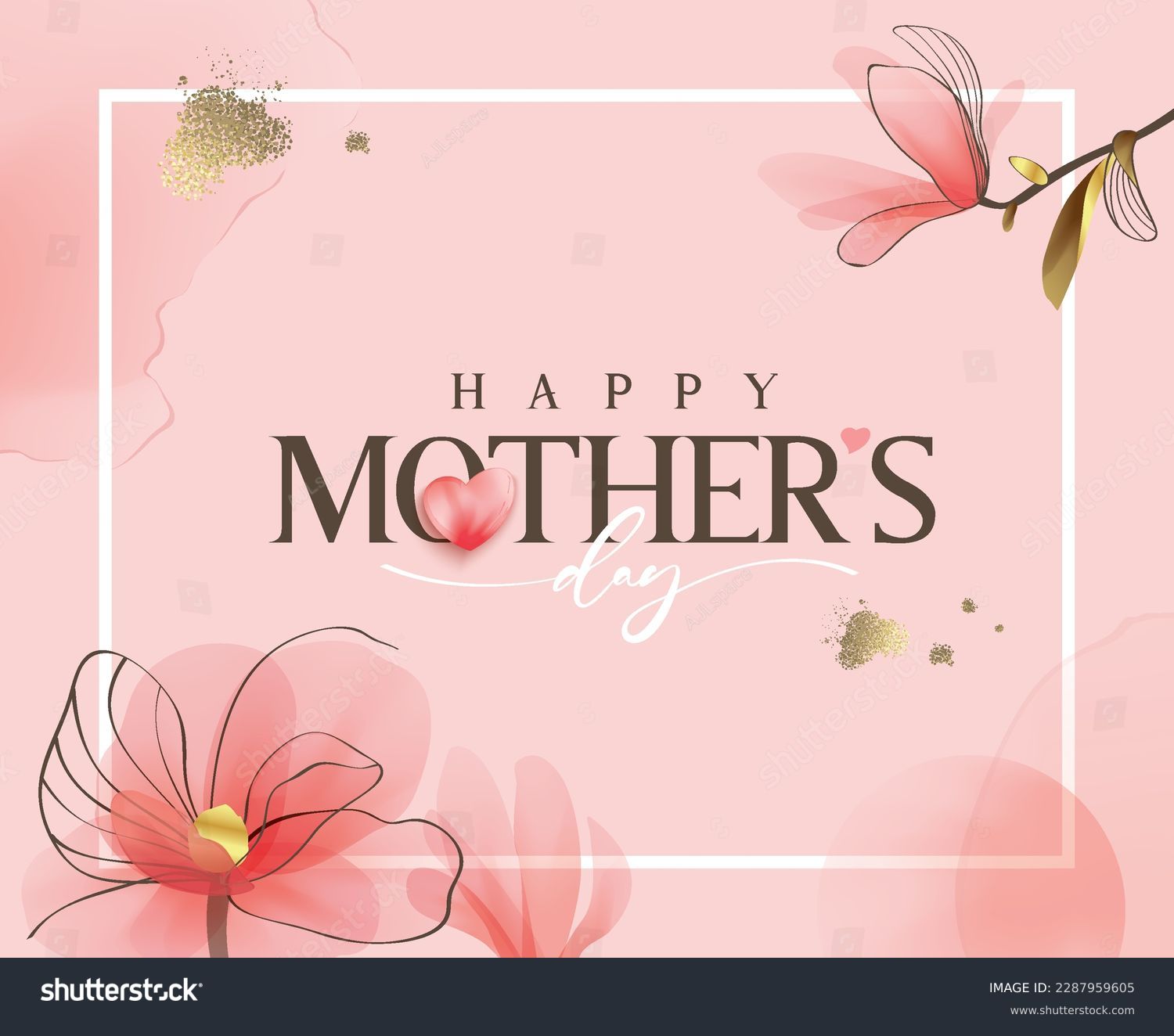 Happy Mother's Day Calligraphy abstract art background vector. Luxury minimal style wallpaper with golden line art flower and botanical leaves, watercolor. Vector background for banner, poster. Stock Vector