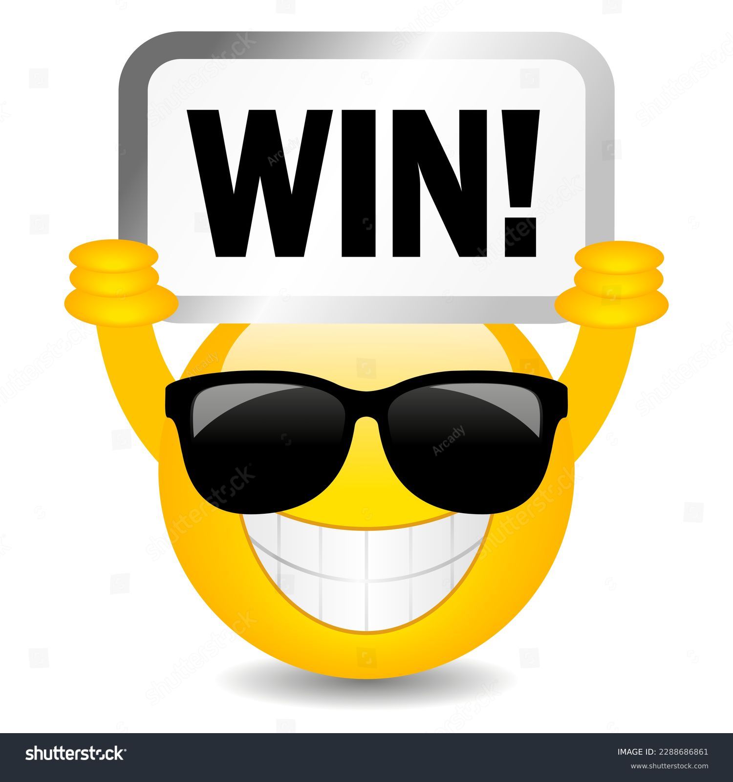 Happy smiling emoji with Win sign isolated on white background. Yellow cool emoticon holding a signboard with text, vector funny illustration. Arkistovektorikuva