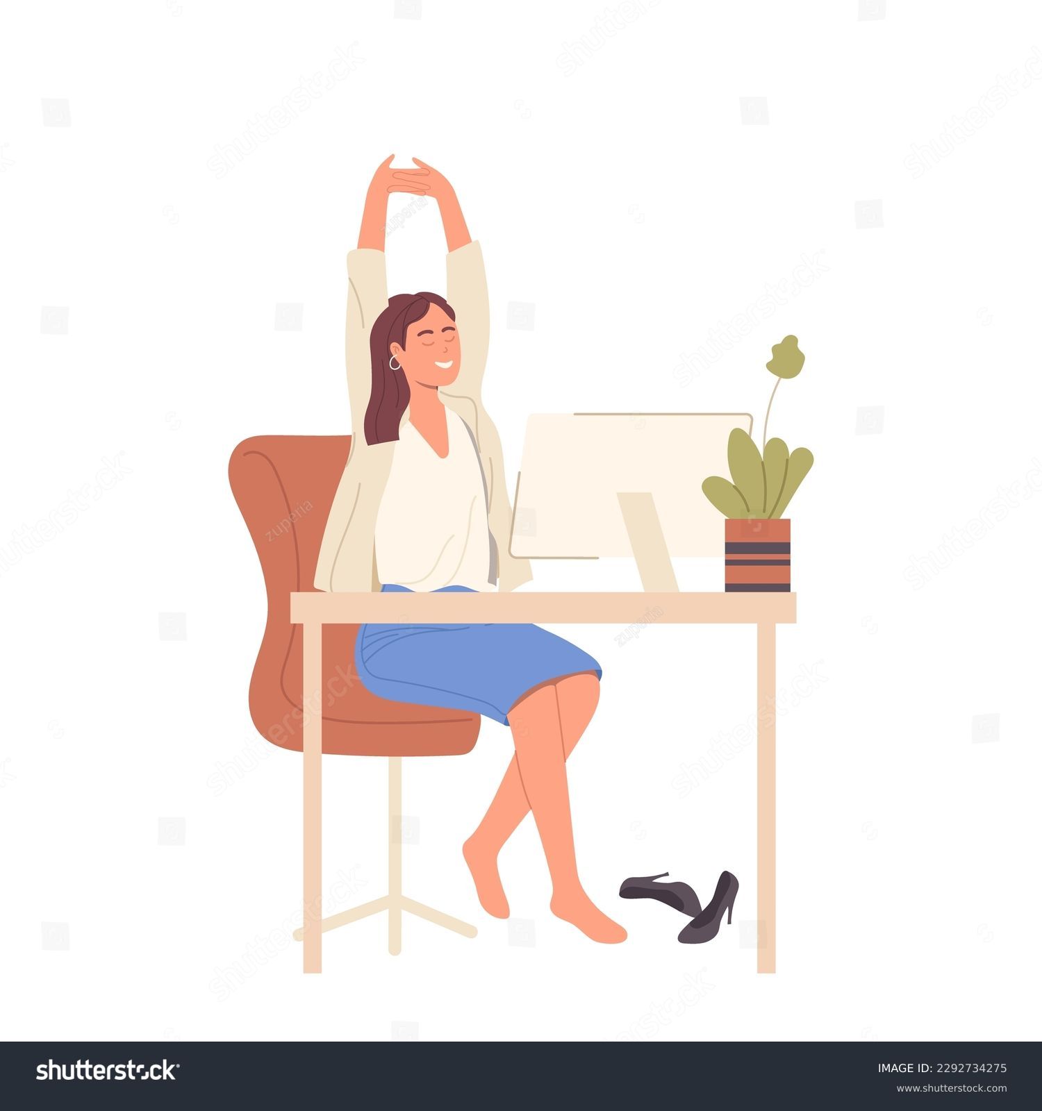 Smiling woman office worker character sitting at desk having rest and doing stretching exercise Arkistovektorikuva