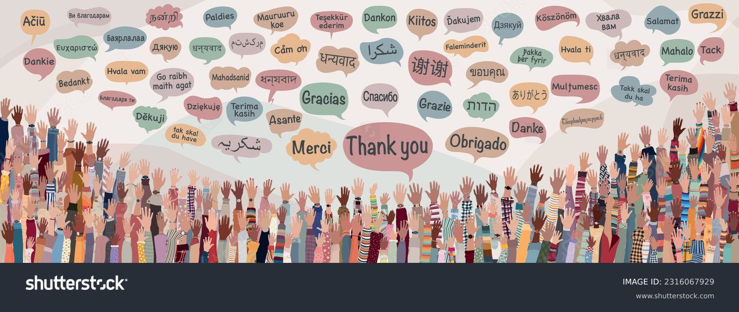 여러 나라와 대륙에서 온 많은 사람들의 손을 들어준 배너는 다양한 국제 언어로 된 "감사합니다. 스톡 벡터