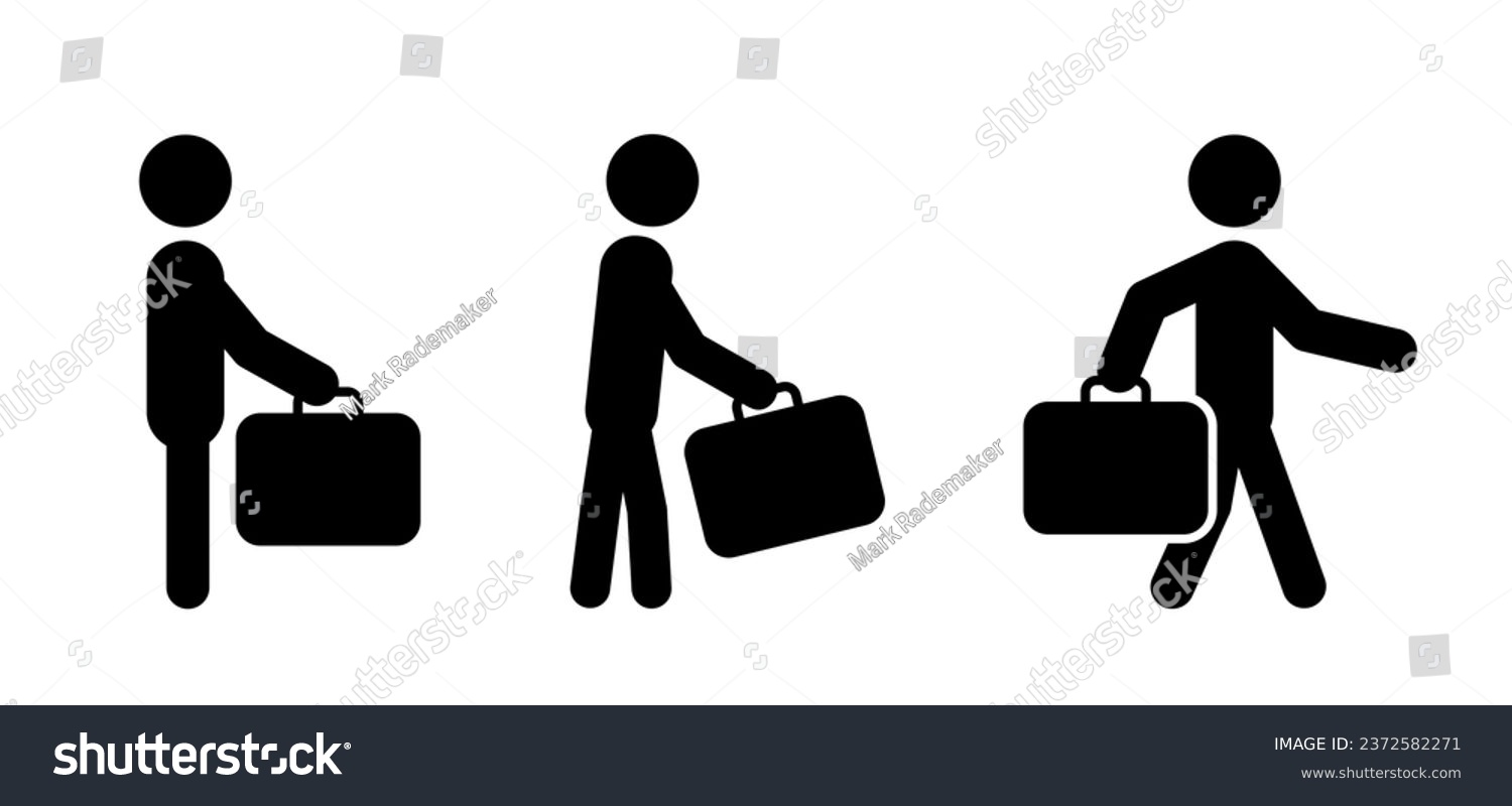 Cartoon business shopping bag. Character, stick figures man, businessman handbag. Vector briefcase. Walking businessmen suitcase concept idea. business man concept. Lets go to walk work or school.