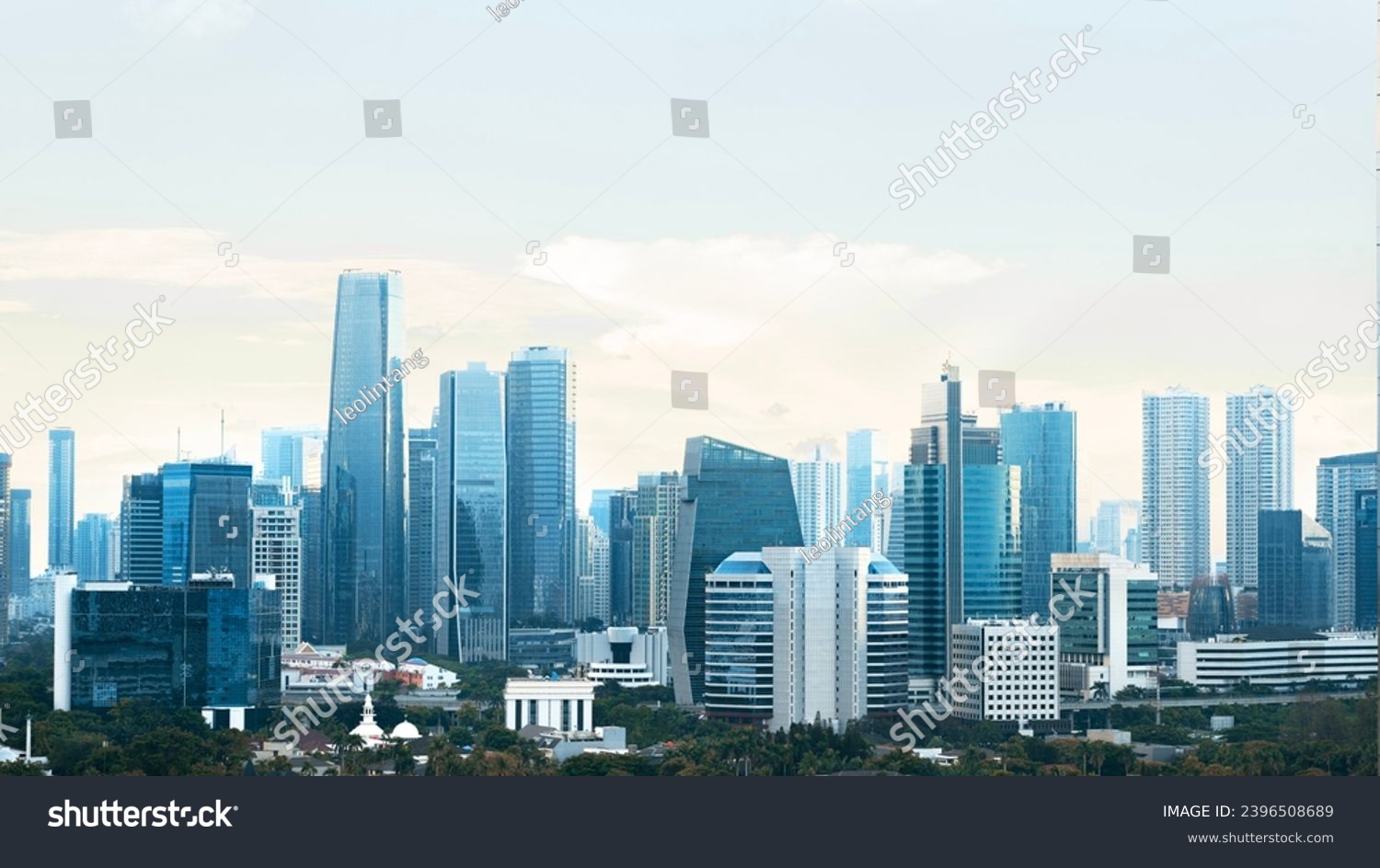 Panoramic Jakarta skyline with urban skyscrapers in the afternoon. Jakarta, Indonesia