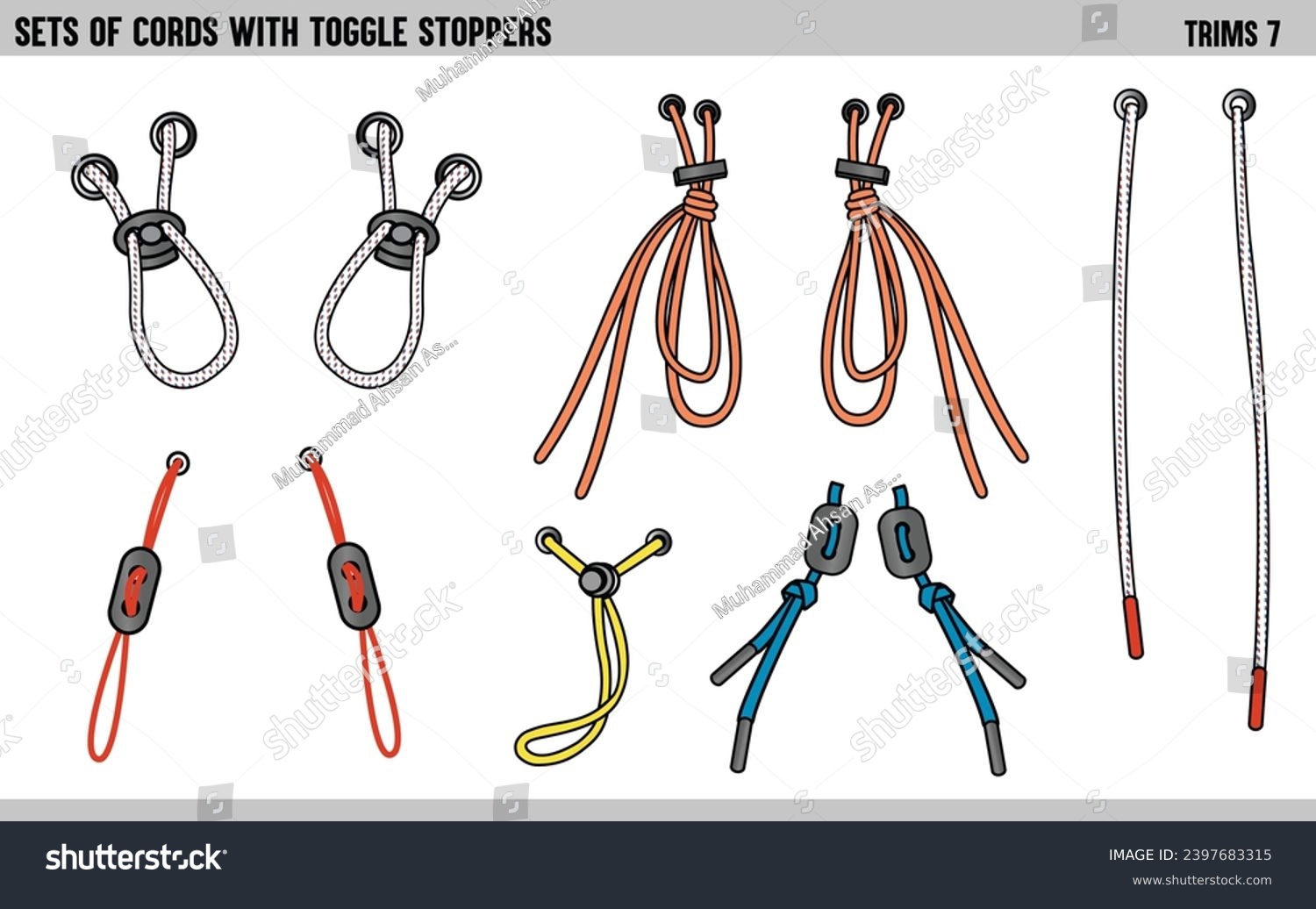 SET OF CORDS WITH TOGGLE STOPPERS FOR WAIST BAND, BAGS, SHOES, JACKETS, SHORTS, PANTS, DRESS GARMENTS, DRAWCORD AGLETS FOR CLOTHING AND ACCESSORIES VECTOR ILLUSTRATION