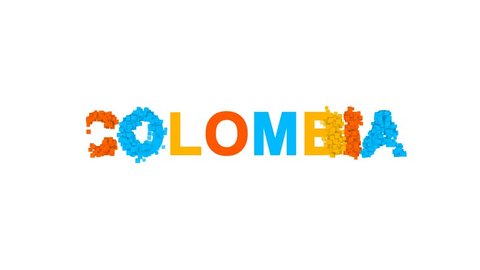 country name COLOMBIA from letters of different colors appears behind small squares. Then disappears. Alpha channel Premultiplied - Matted with color white – Video có sẵn