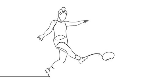 Self, drawing, animation one continuous drawn line of a girl playing rugby drawn from a hand picture silhouette. Line art. team of girls playing rugby ball, videoclip de stoc