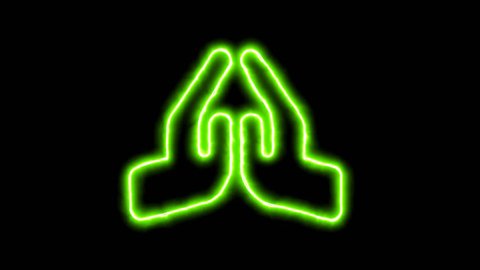 The appearance of the green neon symbol praying hands. Flicker, In - Out. Alpha channel Premultiplied - Matted with color black Stock Video