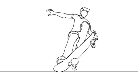 Self drawing simple animation of single continuous one line drawing skateboard, . Drawing by hand, black lines on a white background. วิดีโอสต็อก
