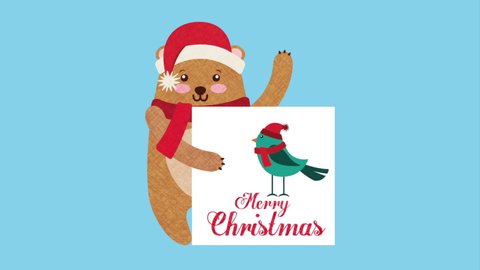 happy merry christmas card with cute bear ,hd video animation Stock Video