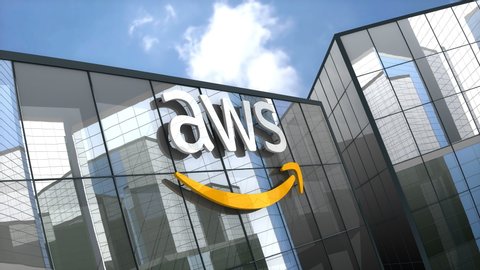 November 2019, Editorial use only, 3D animation, Amazon AWS logo on glass building.のエディトリアル動画素材