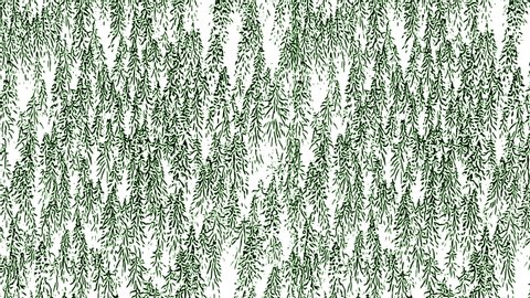 Slow pan of aerial view on hand drawn snowy white green forest background. Copy space. Concept of forest, environment protection and wild nature. – Stockvideo
