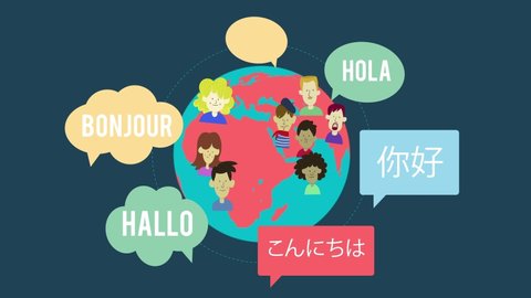People around the world and speech bubbles with different languages. Global communication concept. 4K Video animation.  स्टॉक व्हिडिओ