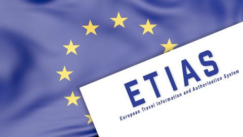 European Union waving flag and ETIAS or European Travel Information and Authorisation System. Expected to enter into operation in 2022, will be required for travel to the Schengen Area, Bulgaria – Video có sẵn