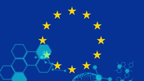 Animation of European Union flag with moving stars over floating chemical structures and brains. European Union flag and holiday concept digital composition. – Video có sẵn