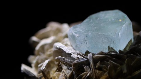 A macro detail shot of an aquamarine crystal. Sample was found in Argentina. The color and prismatic qualities are apparent. Stock-video