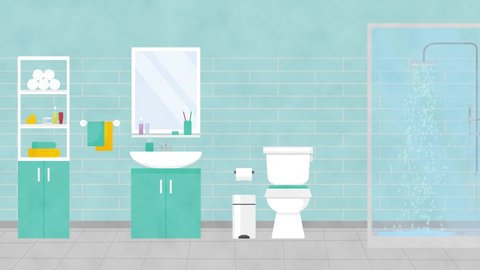 Cartoon Bathroom Animation with running shower, cool vector flat Bathroom with sower and running water background seamless loop. Rest and relax concept with space for your text or logo. の動画素材