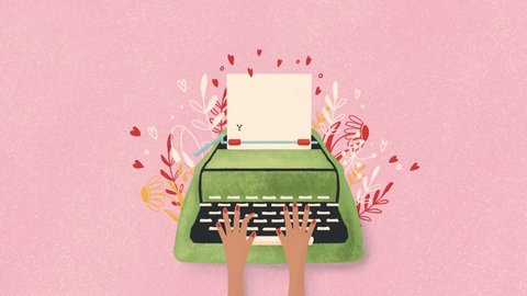 Стоковое видео: Typewriter and love note with hand lettering. Colorful hand drawn illustration for Happy Valentine’s day. Minimal illustrated motion design loop animation.