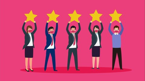 Group animation of business people wearing face mask while holding five stars for rating reviews. Cartoon in 4k resolution Stock-video