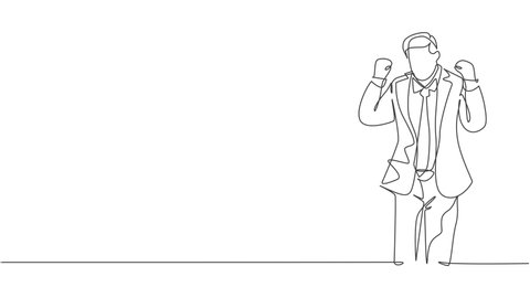 Self drawing animation of one single line draw businessman standing and fist his hands to the air to celebrate new contract agreement. Business deal concept continuous line draw. Full length animated. Adlı Stok Video