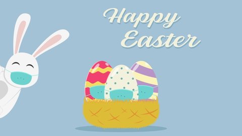 Funny rabbit animation wearing face mask while standing near easter eggs on the basket with Happy Easter text. Cartoon in 4k resolution Stock-video