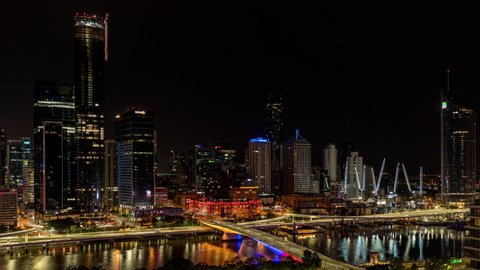 Brisbane, Queensland, Australia - 21st July 2020 - Timelapse of Brisbane City Skyline and new Star Casino under construction - Night to Day - Βίντεο στοκ editorial