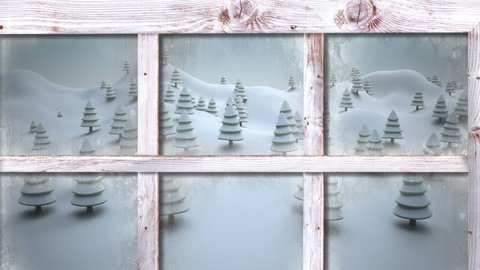 Wooden window frame against multiple trees on winter landscape. christmas festivity and celebration vector illustration concept Stock-video